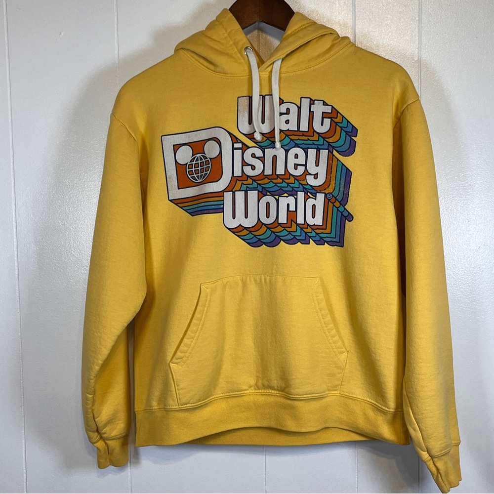 Retro 70's Style Yellow Walt Disney World Hoodie Sz Small Cotton Blend